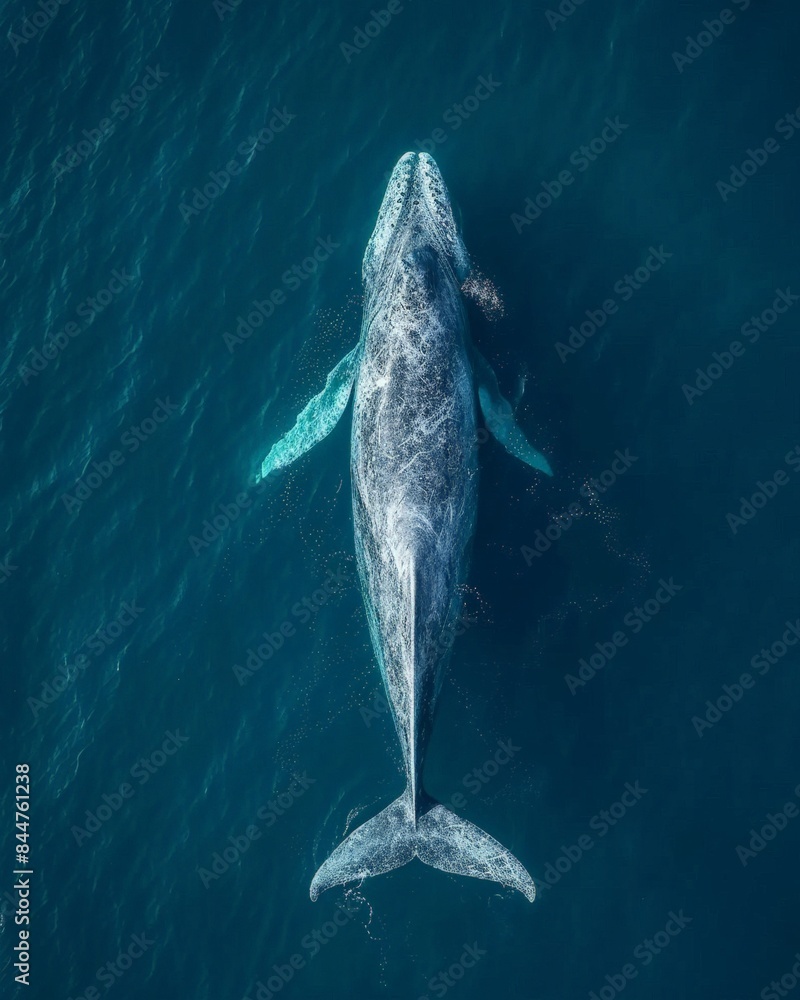 aerial view of a gray-blue whale swimming in the deep blue ocean. The ...