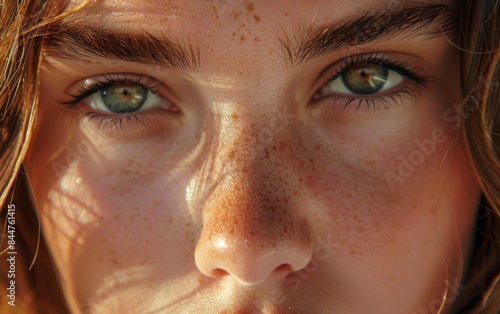 A woman with green eyes and a nose with freckles. The woman has a green eye shadow on her left eye