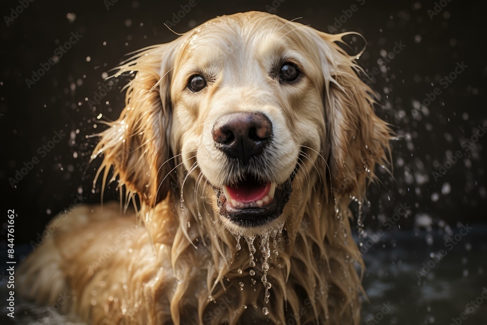 Close-up of a smiling golden retriever splashed with water, depicting fun and freshness Close-up of a smiling golden retriever splashed with water, depicting fun and freshness
