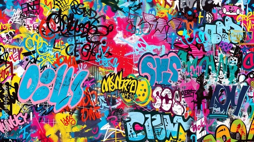 A colorful and vibrant graffiti wall with various tags and symbols. © Nijat
