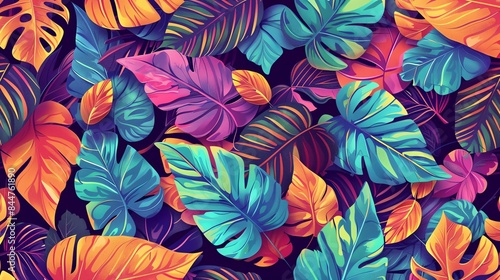 Vibrant and colorful tropical leaves. Seamless pattern with hand-drawn exotic plants. Perfect for summer  beach  and nature-themed designs.