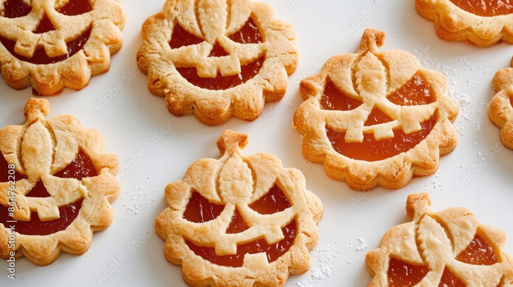 Halloween pumpkin shaped Linzer cookies on a white background