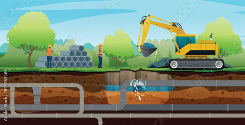 Engineers are supervising repairs to a leaking underground pipe.