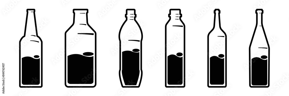 A set of plastic bottles and glass bottles. Black and white drawing of bottles. Vector drawing. A set of plastic bottles and glass bottles. Black and white drawing of bottles. Vector drawing.