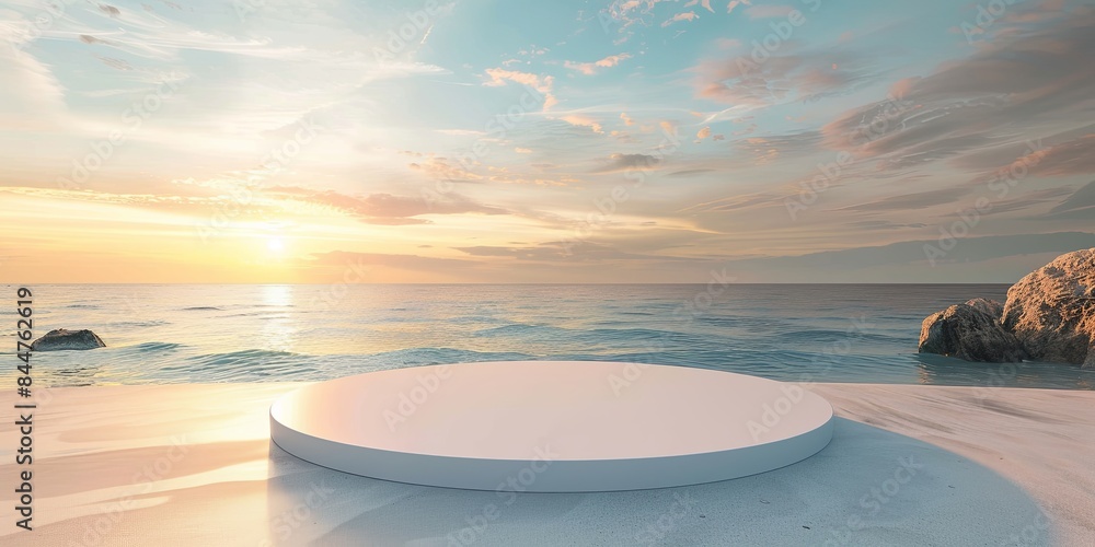 Tranquil Sunset Scene on Beach with Modern Bench Tranquil Sunset Scene on Beach with Modern Bench
