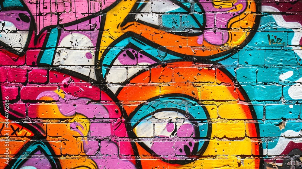 This is an image of a colorful graffiti on a brick wall.
