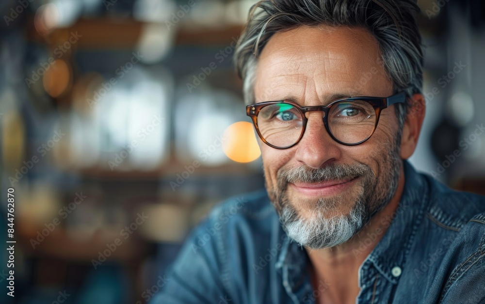 A man with glasses is smiling and looking at the camera. He is wearing a blue shirt and jeans A man with glasses is smiling and looking at the camera. He is wearing a blue shirt and jeans