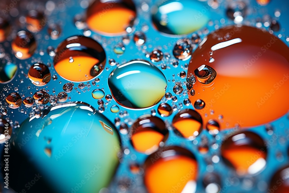 Macro shot of water droplets on a multicolored surface with a vibrant, glossy reflection Macro shot of water droplets on a multicolored surface with a vibrant, glossy reflection