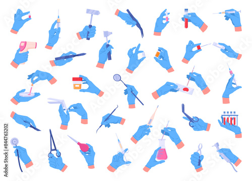Cartoon doctors hands. Surgeon, therapist and dentist hands in rubber gloves, medical worker hands holding syringe, blood test tube flat vector illustration set. Medical tools in doctors hands