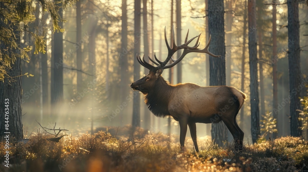 An elk with magnificent antlers standing in a sunlit pine forest represents the tranquil wilderness An elk with magnificent antlers standing in a sunlit pine forest represents the tranquil wilderness