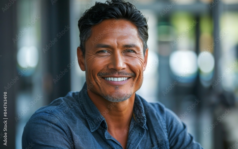 A man with a beard and a blue shirt is smiling A man with a beard and a blue shirt is smiling