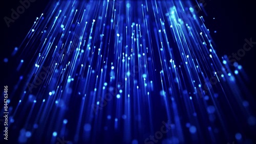 Digital data stream effect up dark background video. Tech blue neon particles loop motion
