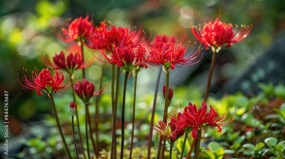 Blooming crimson flowers of Lycoris radiata in the fall Blooming crimson flowers of Lycoris radiata in the fall