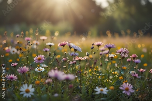 Dreamy summer bokeh Capture the essence of a hazy summer day with a bokeh background featuring soft pastel colors, sun-drenched fields, and delicate wildflowers.