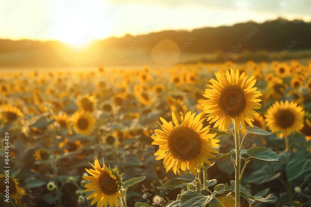 Fototapeta premium A field of sunflowers bask in the golden glow of the setting sun.