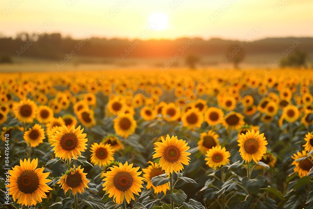 Fototapeta premium A field of sunflowers basking in the golden glow of the setting sun.