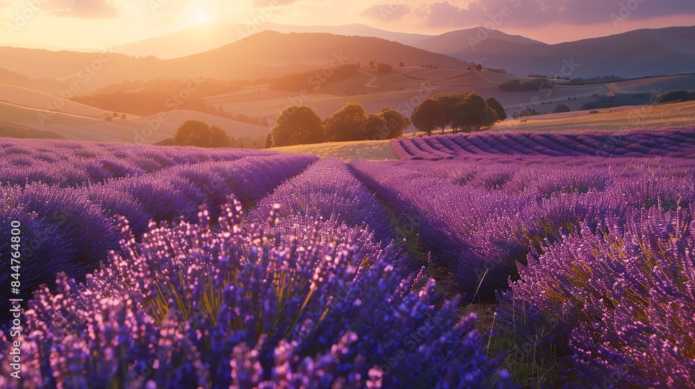 Fototapeta premium A picturesque landscape of lavender fields bathed in the golden glow of a setting sun. Rolling hills and a serene atmosphere create a tranquil scene.