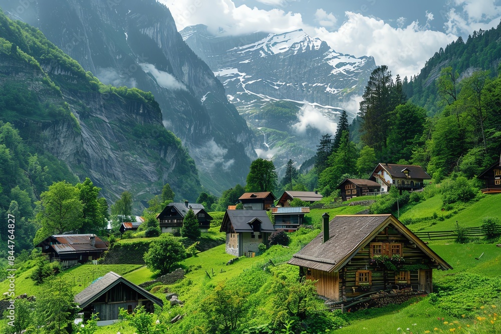 Obraz premium A quaint village nestled in a lush valley, surrounded by towering mountains and misty peaks.