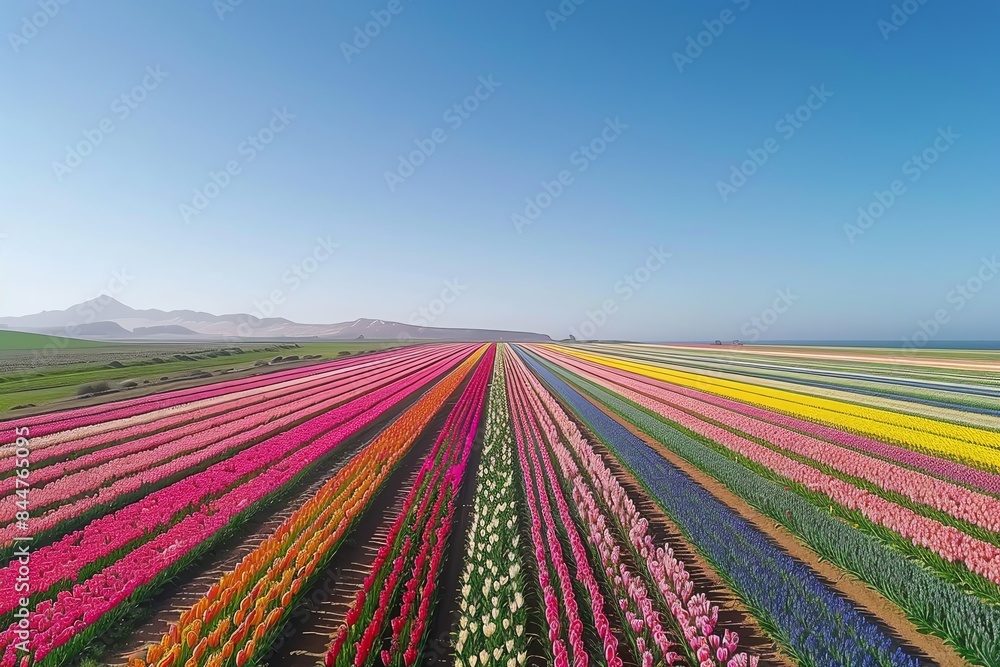 A vibrant field of colorful tulips stretches across the landscape, creating a breathtaking rainbow effect. A vibrant field of colorful tulips stretches across the landscape, creating a breathtaking rainbow effect.