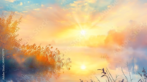 A tranquil sunrise over a misty lake, with golden light illuminating the sky and the surrounding foliage.