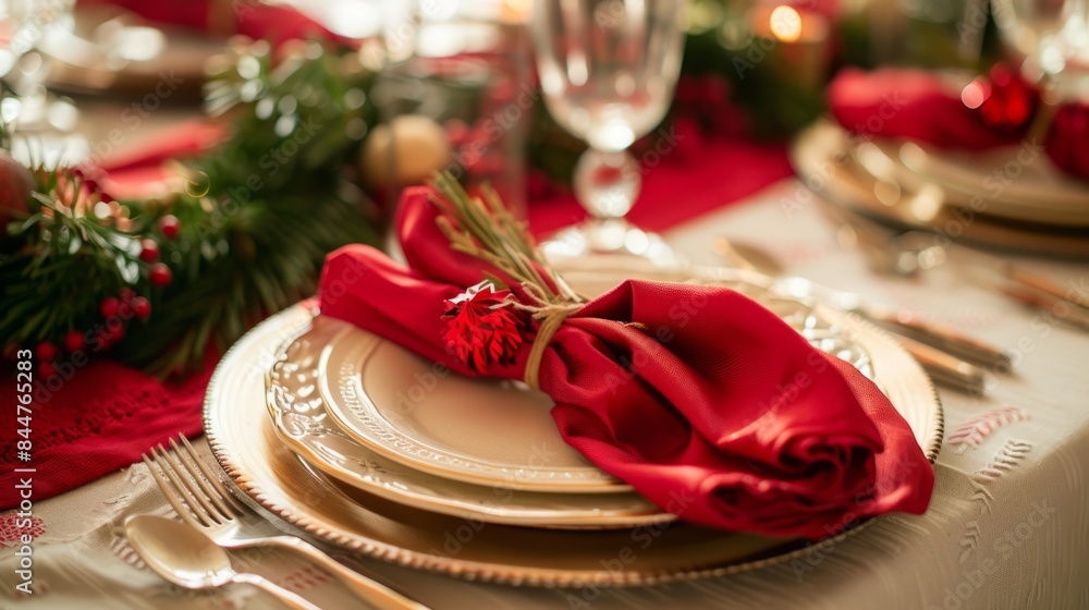 Plates and cutlery for a festive dinner, with creatively folded napkins on the mantelpiece. generative ai Plates and cutlery for a festive dinner, with creatively folded napkins on the mantelpiece. generative ai