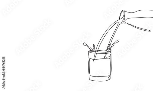 Pour milk from bottle to glass one line continuous. Line art bottle and glass milk. Hand drawn vector art.