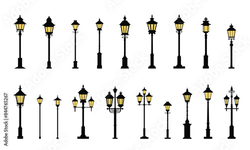 Collection of streetlight silhouette. Hand drawn vector art.