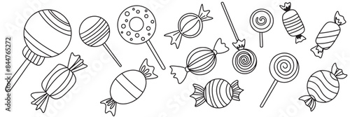 Collection of candy in doodle style. Hand drawn vector art.