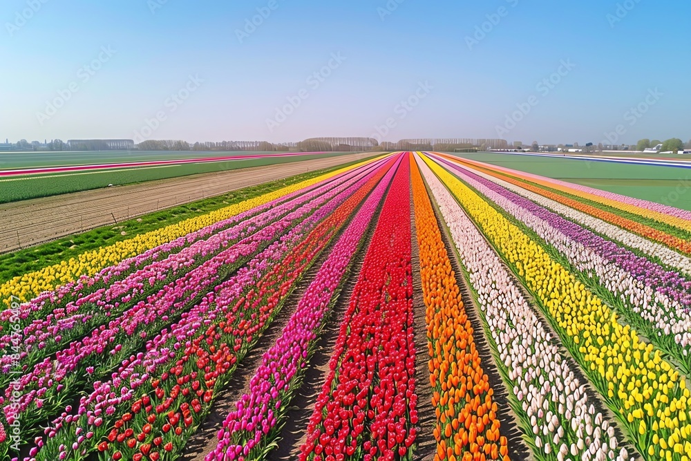 Aerial view of a vast field of colorful tulips blooming in rows under a clear blue sky. Aerial view of a vast field of colorful tulips blooming in rows under a clear blue sky.