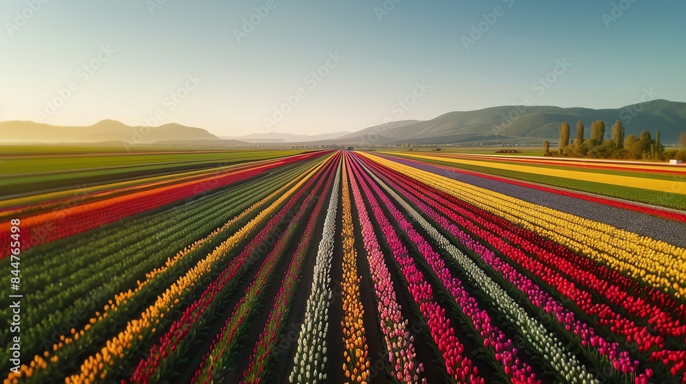 Aerial view of a vast field of vibrant colorful tulips stretching to the horizon. Aerial view of a vast field of vibrant colorful tulips stretching to the horizon.