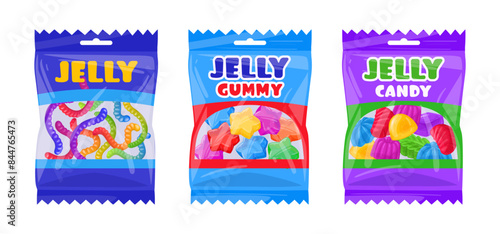 Gummy chewy jelly candies bags. Chewy jelly candy sweets with fruit flavor flat vector illustration set. Fruity gummy packages