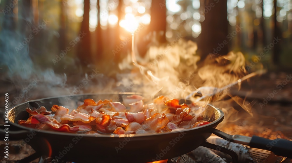 Close-up of food cooking in a pan over a campfire in a forest at sunset. Close-up of food cooking in a pan over a campfire in a forest at sunset.