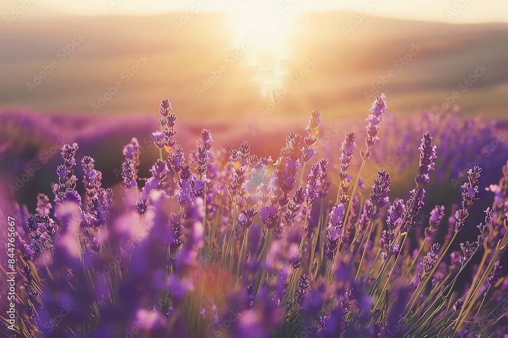 Fototapeta premium Close-up of vibrant purple lavender flowers blooming in a field at sunset. The sun glows warmly in the background, casting a golden light over the landscape.