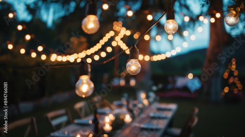 Twinkling string lights illuminate a table set for an outdoor dinner party.