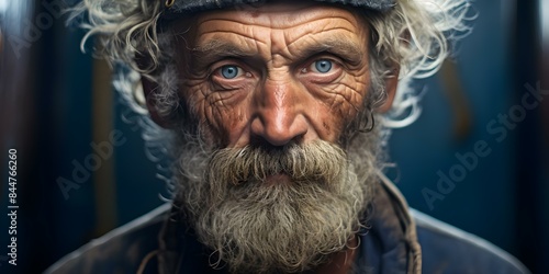 An Experienced Sailor with Weathered Features from a Lifetime of Sea Adventures. Concept Seafaring Life, Sailor's Tales, Weathered Features, Nautical Adventures, Sea Stories, photo