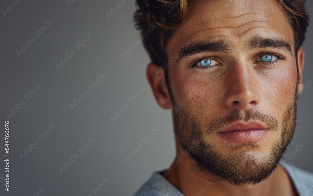 A man with a beard and blue eyes is looking at the camera. He has a light blue shirt on