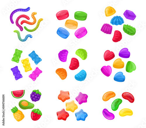 Jelly candies. Cartoon fruity gummy, delicious chewy sweets with various flavors flat vector illustration set. Jelly sweets collection