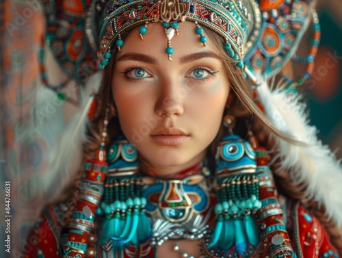 Beautiful Yakut woman in national dress, turquoise-red clothes, beads, feathers, amulets