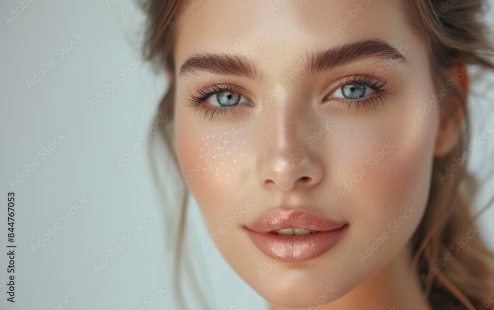 A woman with a beautiful face and a smile. She has a light pink lip color. Concept of happiness and confidence A woman with a beautiful face and a smile. She has a light pink lip color. Concept of happiness and confidence