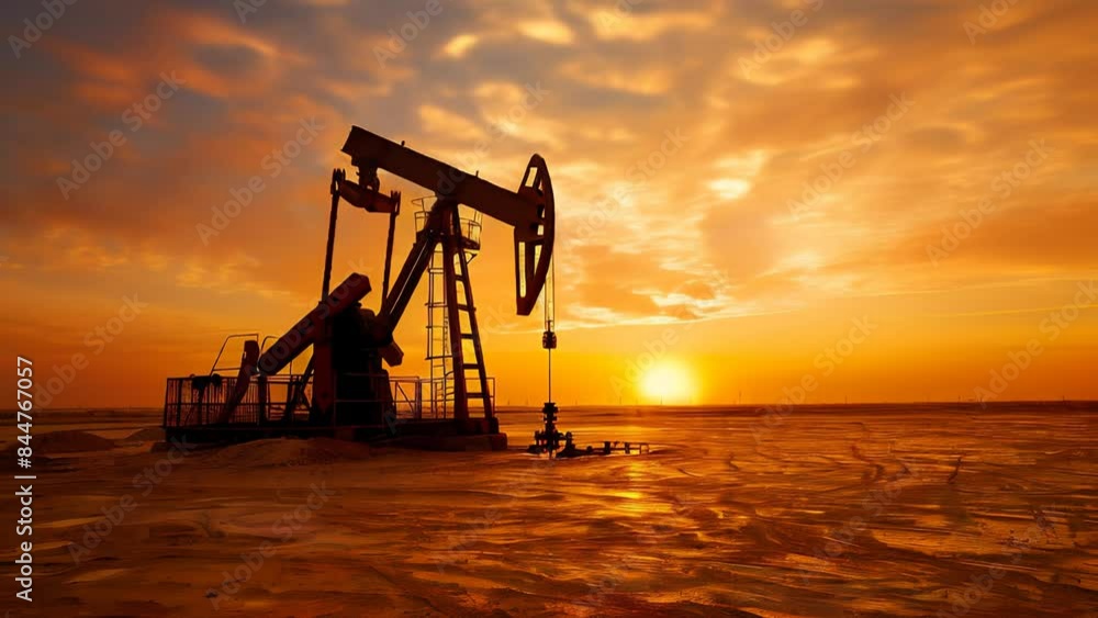 Golden hour at the oilfield with pump jack silhouette Golden hour at the oilfield with pump jack silhouette
