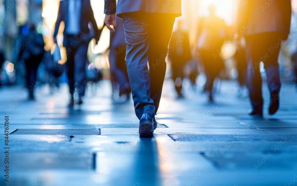Fototapeta premium A group of people walking down a city street. Concept of busyness and movement, as the people are walking in different directions and at different speeds