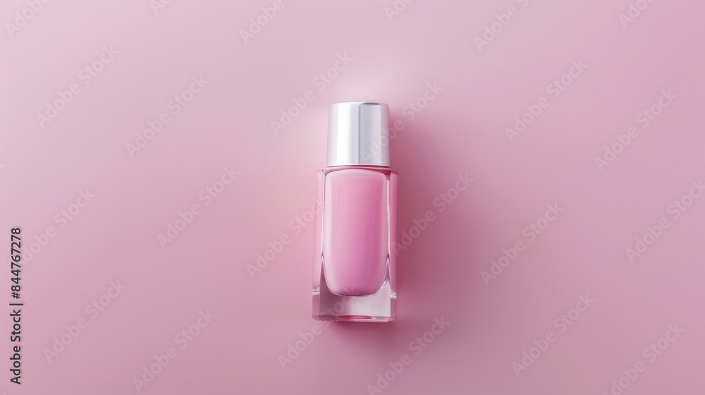 Concept of professional manicure with nail polish in small glass bottle on pastel pink surface Concept of professional manicure with nail polish in small glass bottle on pastel pink surface