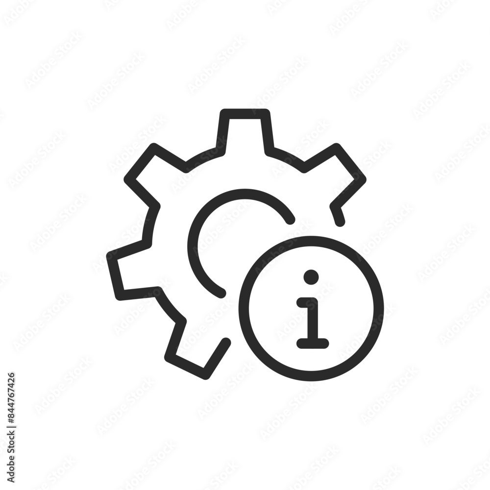 Gear with information symbol, linear style icon. technical support or system information. Editable stroke width. Gear with information symbol, linear style icon. technical support or system information. Editable stroke width.