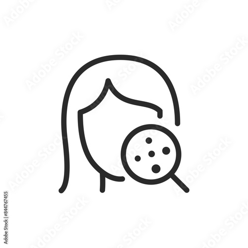 Face with magnifying glass and acne, linear style icon. examining acne on the face. Editable stroke width.
