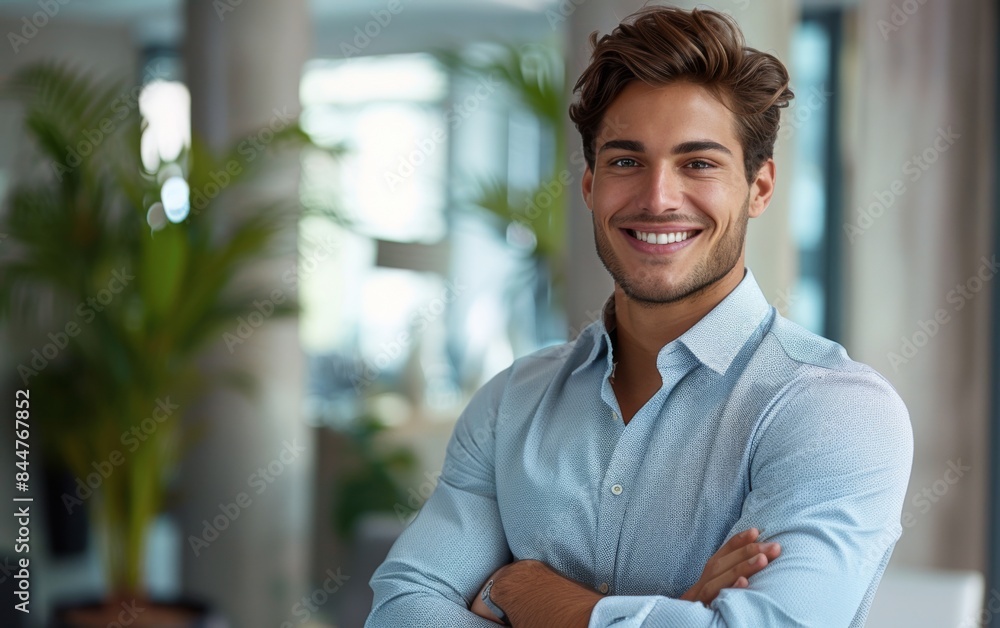 Obraz premium A man with a smile on his face is wearing a blue shirt and is standing in front of a plant