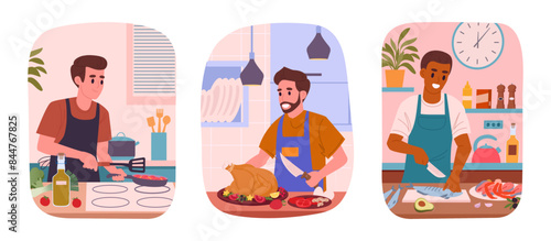 Man cooking at home. Male characters cooking tasty dishes, preparing food at home flat vector illustration set. Homemade meal preparation