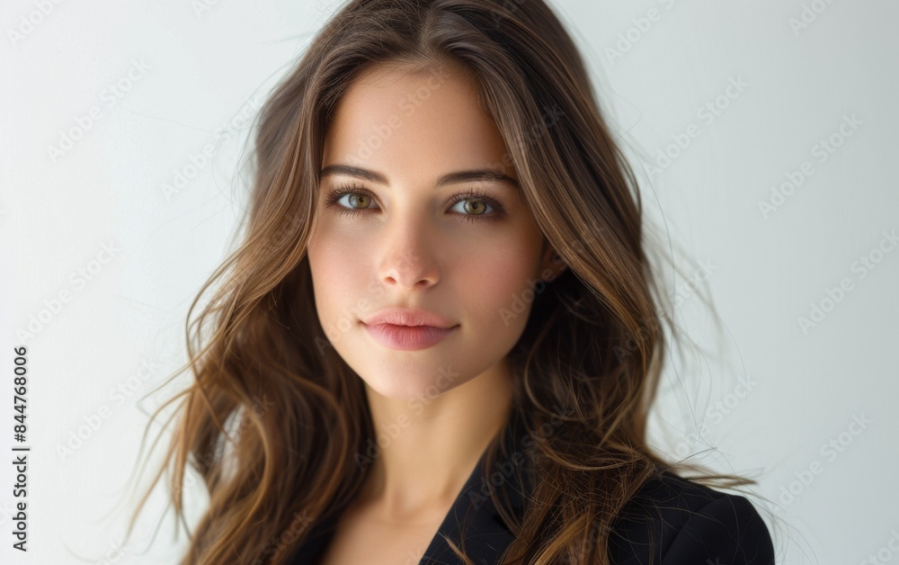 A woman with long brown hair and a black jacket. She has a smile on her face. Concept of confidence and positivity A woman with long brown hair and a black jacket. She has a smile on her face. Concept of confidence and positivity