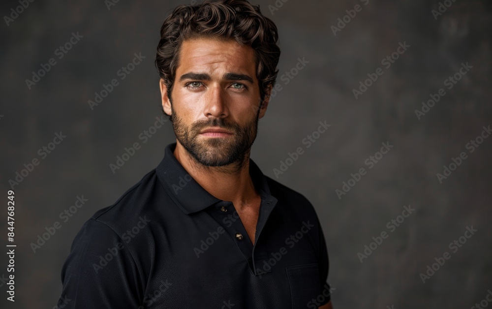 Fototapeta premium A man with a beard and a black shirt is standing in front of a wall. He looks serious and focused