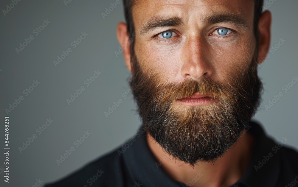 A man with a beard and blue eyes. He is wearing a black shirt. He has a serious look on his face A man with a beard and blue eyes. He is wearing a black shirt. He has a serious look on his face