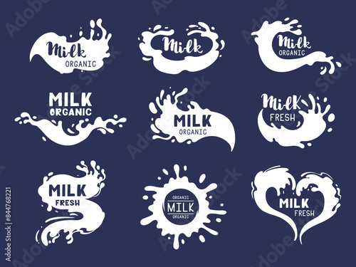 Milk flows logos. White milk splash labels, dairy product splash drops with lettering flat vector illustration set. Milky splashes collection